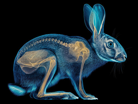 Close-up, side view of a colored X-ray rabbit Contrasting white skeleton and dark blue background show internal and external anatomy - AI-Generated