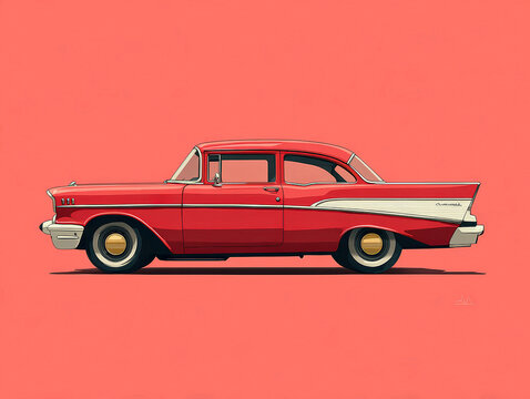 A minimalist illustration showcases a red 1957 Chevrolet Bel Air, viewed from a three-quarter front angle The car is rendered in mid-century retro style with exaggerated contours, glos - AI-Generated