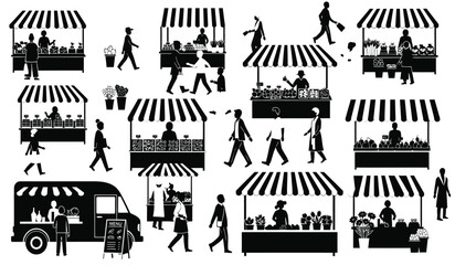 A bustling outdoor farmers market scene is depicted with numerous vendor stalls and people presented as a striking silhouette high quality professional detailed modern © Thysl2000