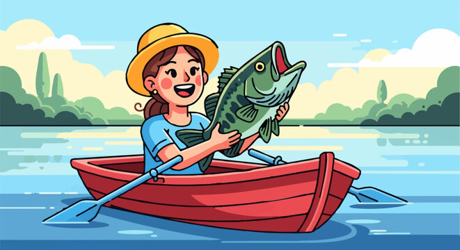 Woman in a red boat on a lake catches a large fish with a smile