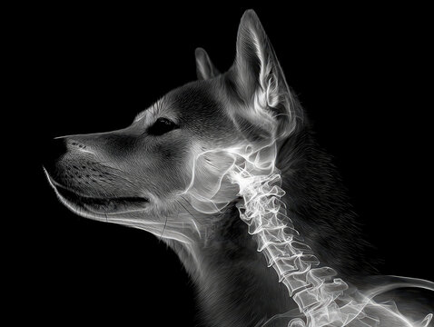 Top-down X-ray view of a Shiba Inus head and neck, with a robust skull and visible spine against a black background The bones are white, contrasting darker tissues, overlaid by transl - AI-Generated