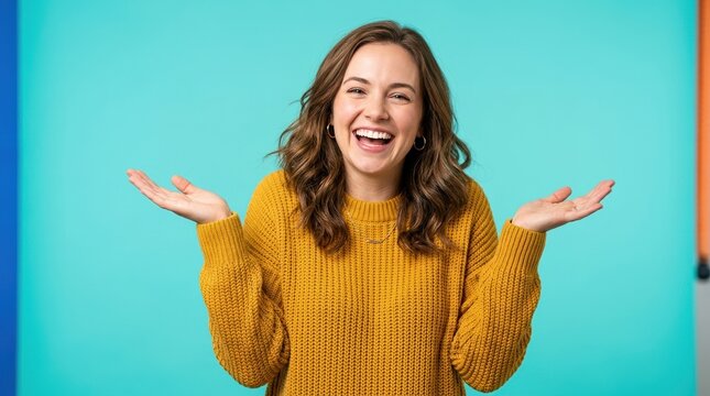 Happy woman shrugging shoulders in expressive gesture, variation 15 against vibrant studio backdrop, bright teal studio background