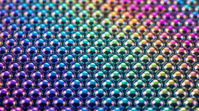 Holographic bead surface with shifting spectral highlights, iridescent circular grid pattern with smooth gradient color