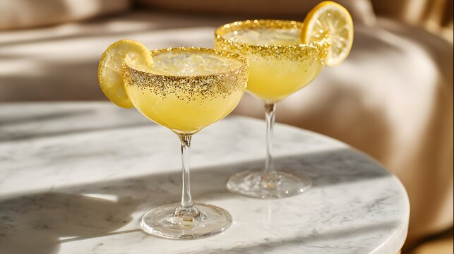 Luxury margaritas with glittering rims, sunny lemon garnish, marble table