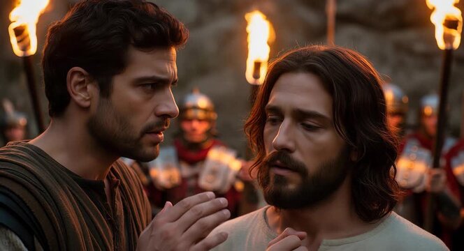 Judas betraying Jesus with a kiss. Historical scene depicting the arrest in Gethsemane. Biblical narrative from New Testament gospel. Dramatic religious event with Roman soldiers.