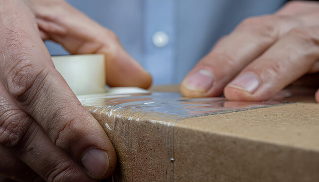 Close-up view of hands meticulously applying clear packing tape to a cardboard box corner for secure shipping and transport.