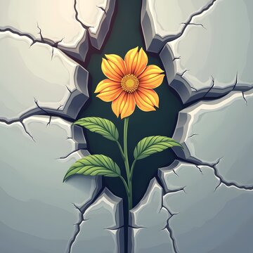 yellow flower growing through cracked stone wall for ecological blogs, websites, clipart for postcards, stationery design, informing about resilience, hope and environmental protection.