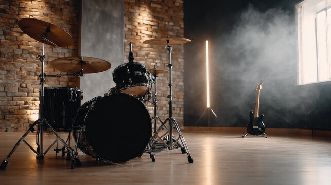 Drum kit and electric guitar in music studio with brick wall, smoke, and ambient light, preparing for band practice and rock performance