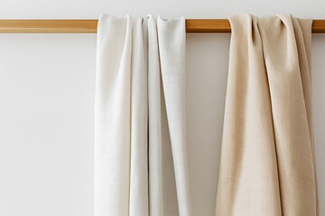 Fototapeta premium Curtains Hanging on a Wooden Rod in a Bright Indoor Space During the Day