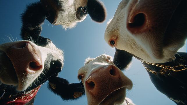 Low angle view of curious cows looking down into camera against blue sky humorous farm animal perspective for agriculture branding and rural storytelling
