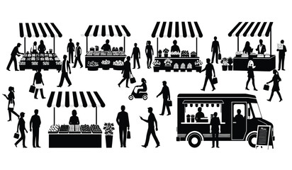 A bustling outdoor farmers market scene depicts vendors shoppers and a food truck all rendered as a striking silhouette high quality professional detailed modern © Thysl2000
