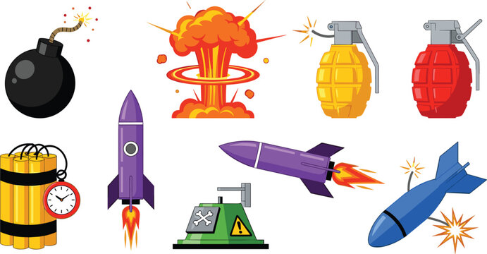 Explosive Weapon Icon Set Featuring TNT Dynamite with Timer, Hand Grenades, Rockets, Missiles, Detonator, Nuclear Blast Cloud, and Round Fuse Bombs