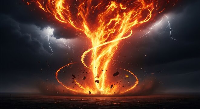 A fiery tornado engulfs the land amidst a dramatic thunderstorm with lightning strikes
