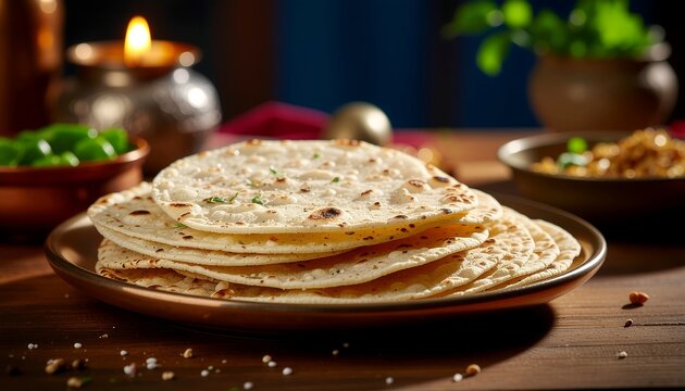 A comforting stack of warm, freshly prepared traditional flatbread, resembling roti or chapati, elegantly displayed on a rustic plate, ready for an authentic meal
