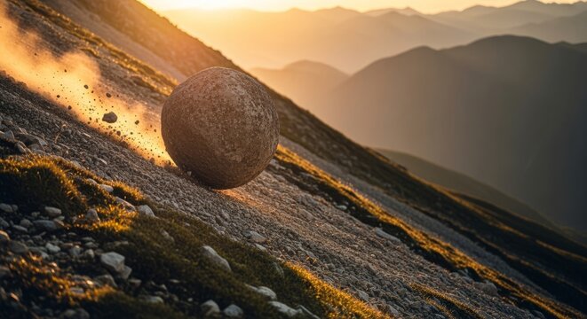 Boulder Rolling Down Steep Mountain at Golden Hour
