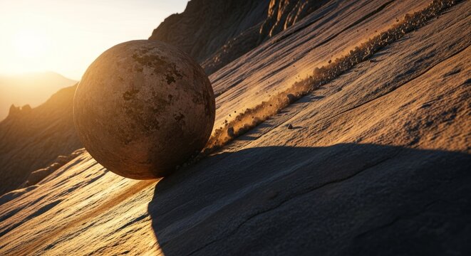 Giant boulder rolling down rocky mountain slope at golden hour