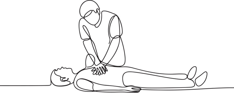 First emergency CPR on a person with a heart attack. CPR cardiac resuscitation of medical personnel. one line Icon drawing
