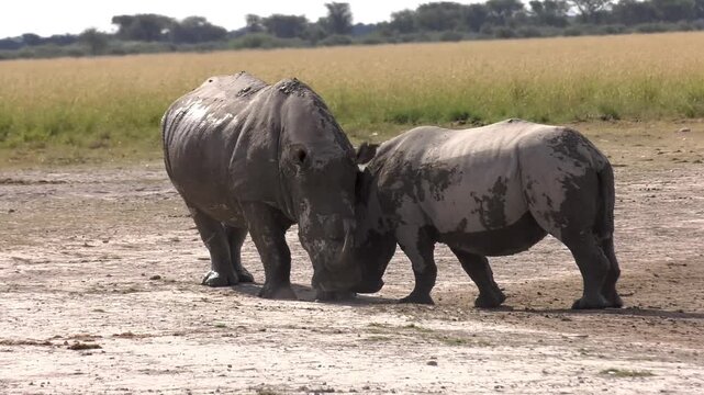 White Rhinoceros Adult and Calf Sparring in Open Savanna  interaction on flat, dry ground