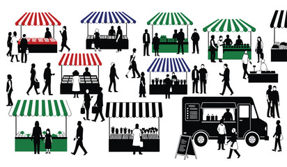 A bustling outdoor farmers market scene with multiple stalls and people all rendered as a striking silhouette high quality professional detailed modern elegant stylish © Thysl2000