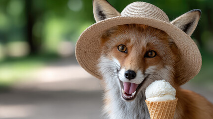 Fototapeta premium Adorable red fox wearing a straw sun hat and enjoying a vanilla ice cream cone, smiling happily and feeling the summer warmth in an outdoor park setting
