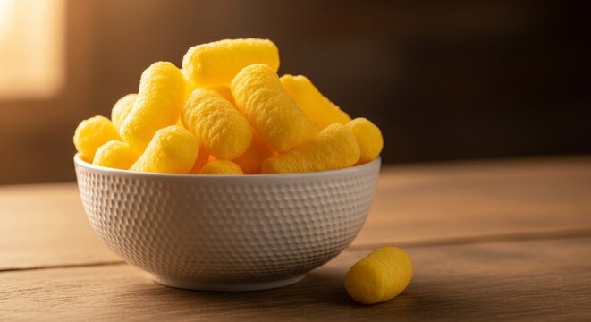 Yellow Corn Puffs Snack in Bowl, Warm Light, Rustic Wood Table