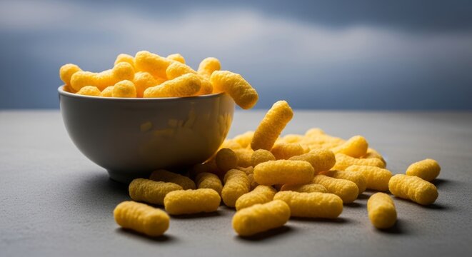 Yellow Corn Puffs Scattered Near Bowl with Copy Space