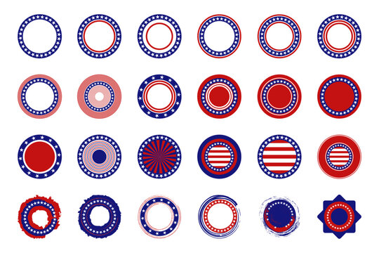 American patriotic circular badges and seals set featuring stars, stripes and round frames in US flag colors. Collection of national emblem icons and borders for Independence Day. Vector illustration