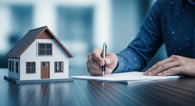 Person signing real estate contract with house model, representing home purchase, property investment, mortgage agreement and financial approval.