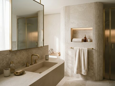 Side view of an elegant upscale bathroom with spa beige stone surfaces, a sink, mirror reflection, brass fixtures, towel, and