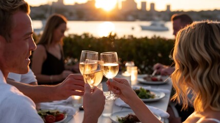 Fototapeta premium Friends Enjoy a Sunset Toast With Wine in a Vineyard During an Evening Gathering in the Summer