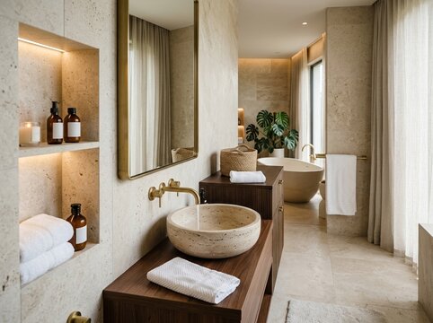 Side view of an elegant upscale bathroom highlighting spa reflective elements, stone sink, mirror reflection, brass fixtures,