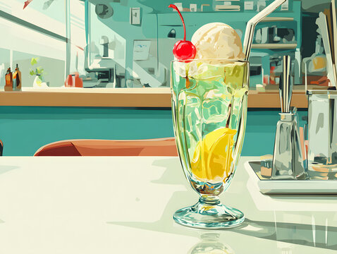 懐かしい昭和レトロな喫茶店のメロンクリームソーダ。バニラアイスとチェリーが乗った爽やかな夏のドリンクのイラスト背景素材