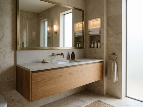 Side view of an elegant upscale bathroom with neutral stone surfaces, a sink, mirror reflection, brass fixtures, towel, and niche,