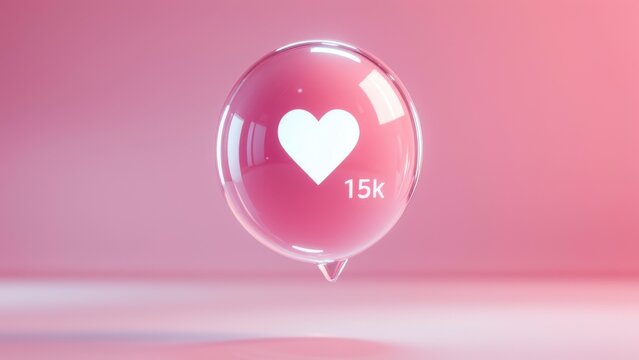 Pink notification bubble displays white heart icon, 15k number. Represents online likes, engagement. Signifies social media approval, reach for content creators. Achieve popular status with symbol
