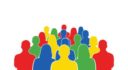 A vibrant collection of colorful human figures stands closely together representing community and diversity in a bold silhouette high quality professional detailed modern elegant © rsvect02
