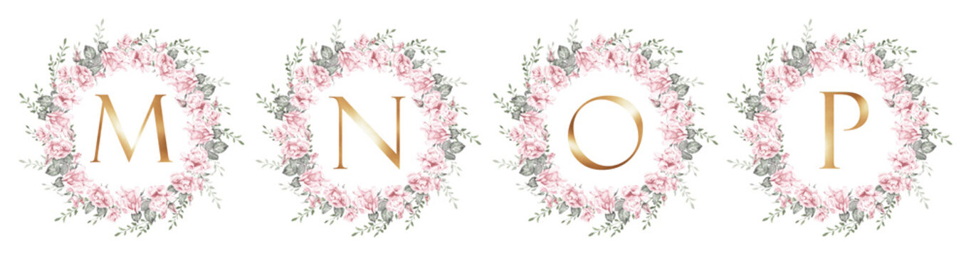 Watercolor rose wreath set with gold letters M, N, O and P, botanical floral monogram collection for wedding invitations, branding, logo design and decorative templates