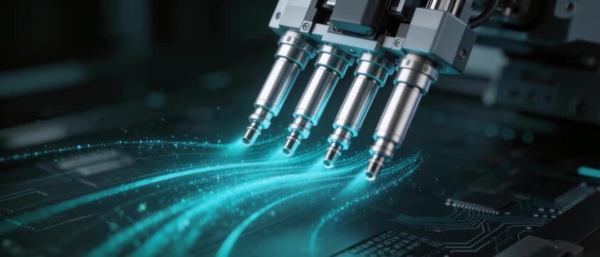 Robotic Arms Working on Circuit Board Surface in Hi-Tech Lab &ndash; Close-Up Technical Illustration of Automated Production
