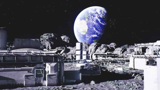 lunar solar arrays powering entire base with Earth rising, extensive panels, inverter banks, battery storage bays, clean energy focus, bright reflective