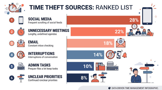Time theft sources ranked list infographic with percentages and icons
