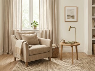 Fototapeta premium A cozy home interior featuring soft linen curtains filtering daylight beside an armchair, paired with a side table and textured