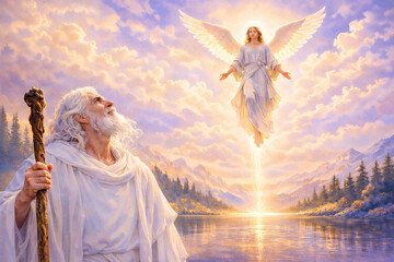 Fototapeta premium White-bearded prophet with staff looking at radiant angel with outstretched wings above lake against mountains and cloudy sky