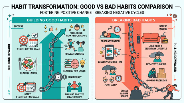 Habit transformation infographic comparing good habits building and bad habits breaking