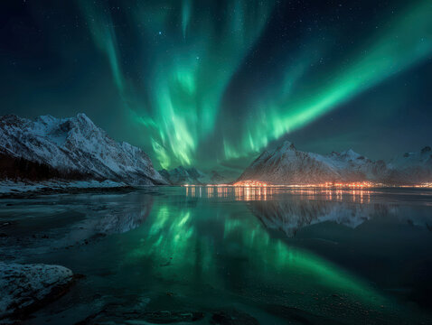 Northern Lights over a frozen fjord, reflected on calm water Snow-covered mountains, arctic landscape, small village lights, ultra-wide angle shot, long exposure, highly detailed, phot - AI-Generated