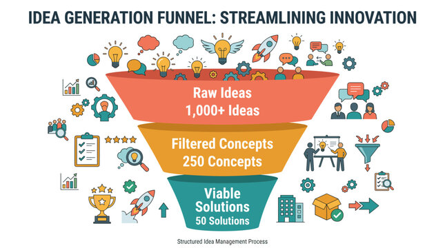 Idea generation funnel streamlining innovation from raw concepts to viable solutions