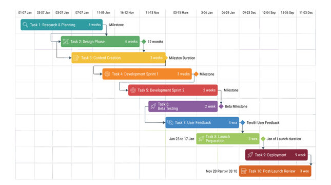 Project timeline with tasks, durations, and milestones for product development