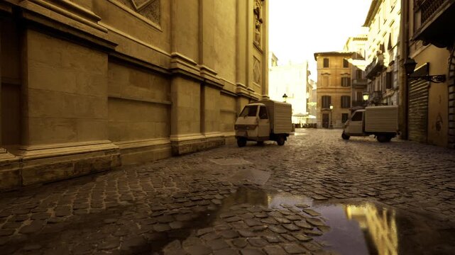 Cobblestone path featuring puddle reflections and subtle lighting. Serene urban alley with water reflections showcasing textured surfaces and peaceful solitude