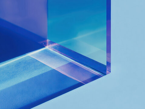 Close-up of translucent glass, angled corner, UV blue light, modern and sleek, soft focus, bokeh effect, large window, white frame, mullions, rectangular opening, blue interior space, d - AI-Generated