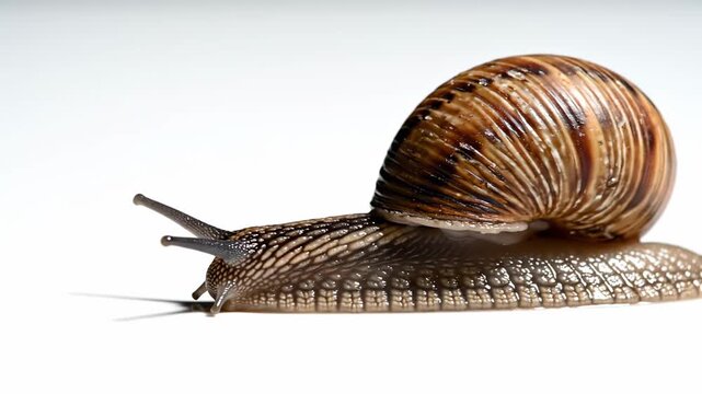 Macro View of a Snail crawling slowly on a clean white background ideal for nature documentaries and educational content.