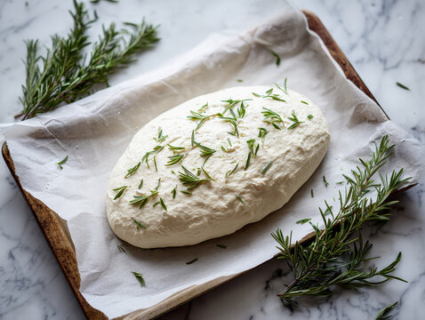 Overhead shot of unbaked bread loaf on parchment, with fresh herbs rosemary, thyme, placed on a marble surface Natural soft lighting, food photography, photorealistic, Nikon Z7 50mm - AI-Generated