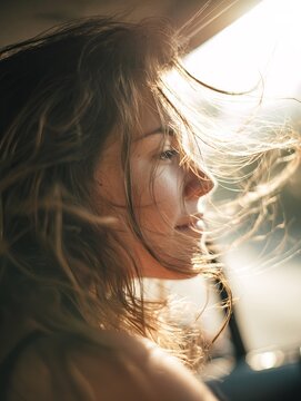 Young woman with windblown hair in car with open window in bright sunlight, cinematic profile portrait